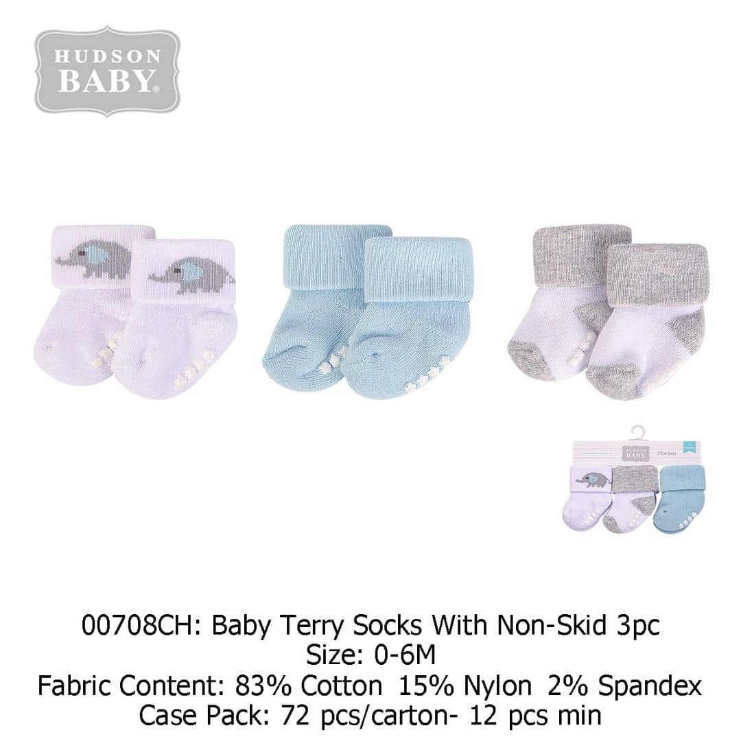 Hudson 00708 Blue Grey Baby Terry Socks with Non-Skid 3pcs (0-6M)