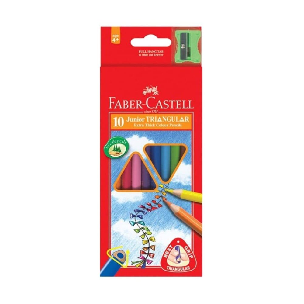 Faber-Castell 10 Junior Triangular Extra Thick Colour Pencils with Sharpener