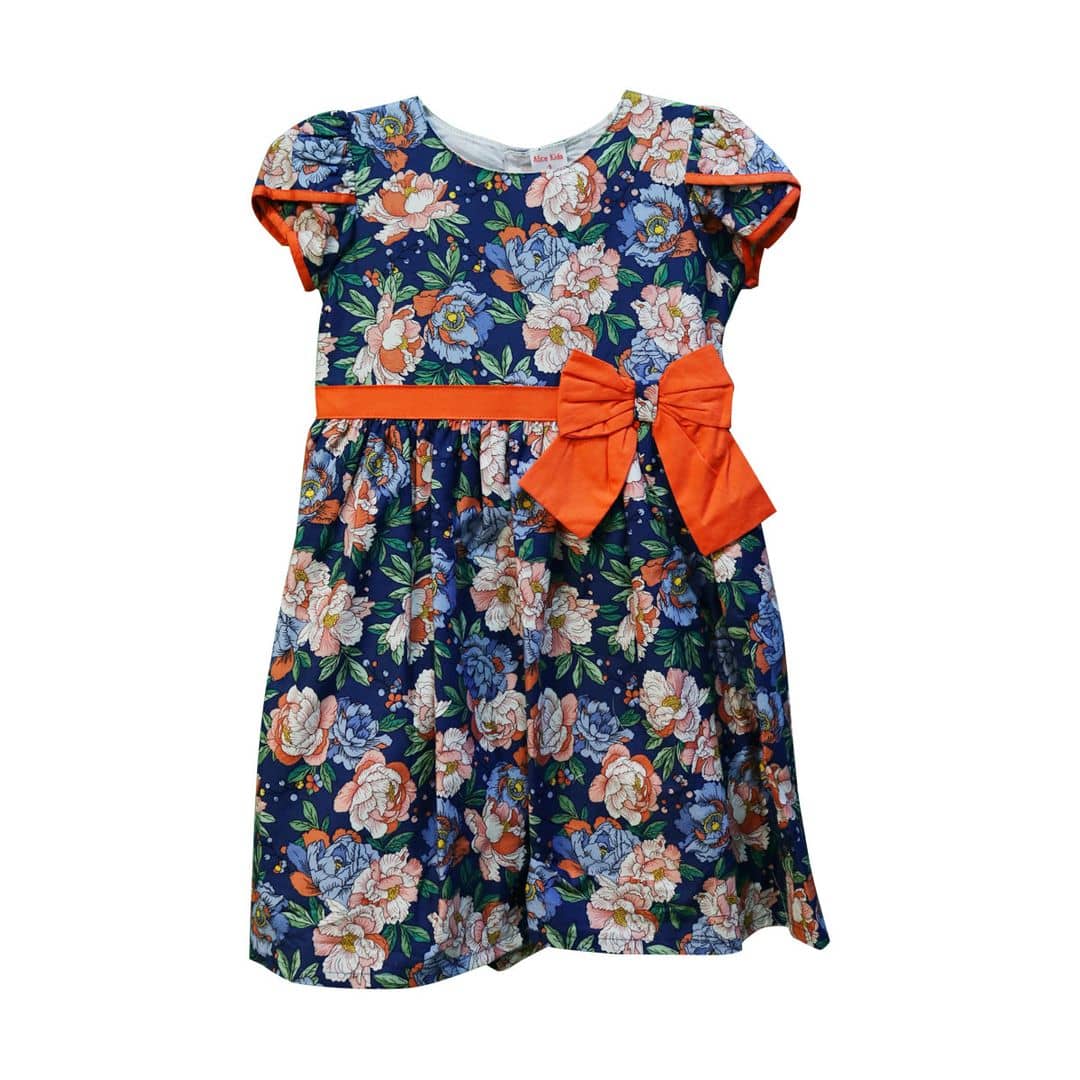(5-7Y) Flowery Orange Ribbon Dark Blue Dress