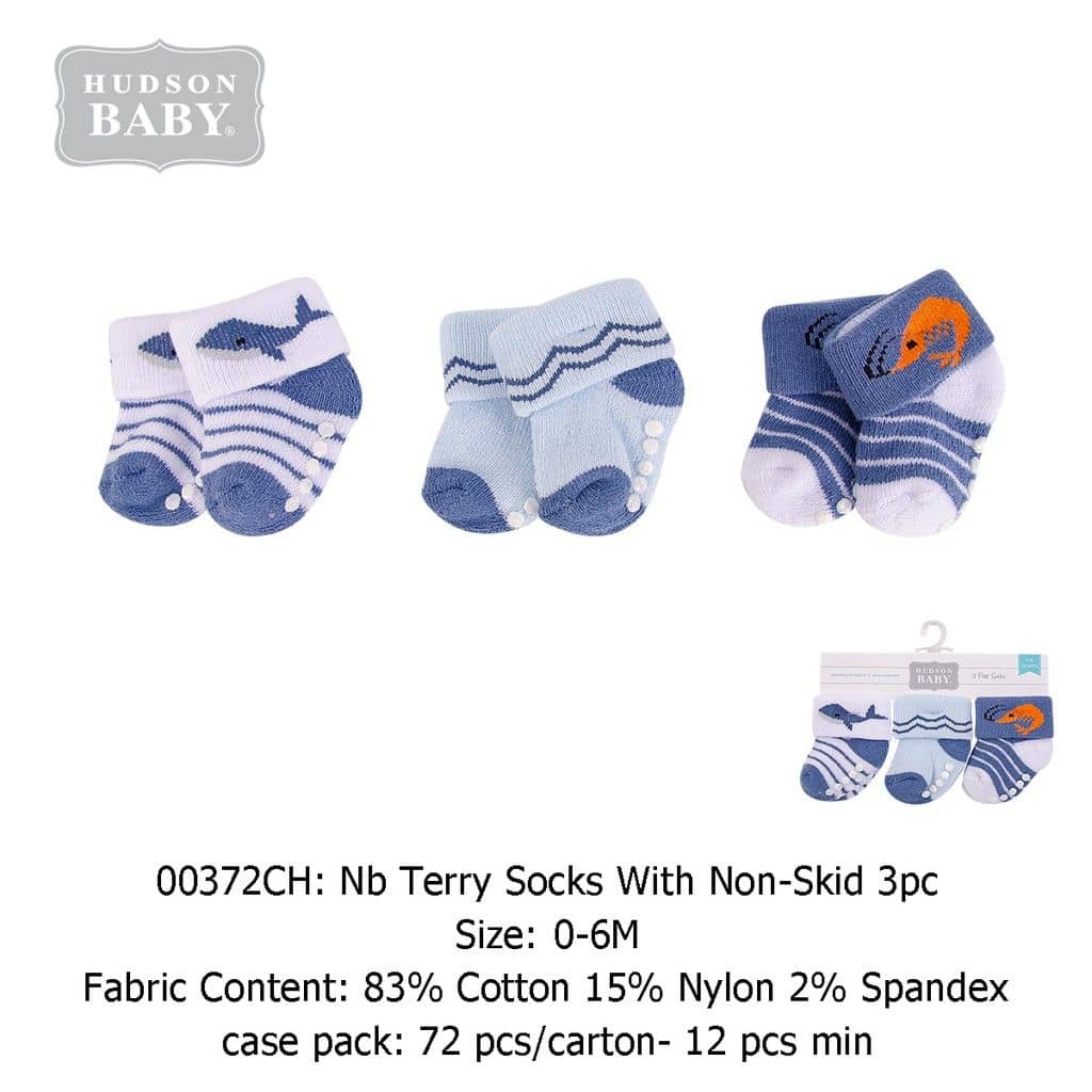 Hudson Baby 00372CH Newborn Terry Socks with Non-Skid 3pcs (0-6M)
