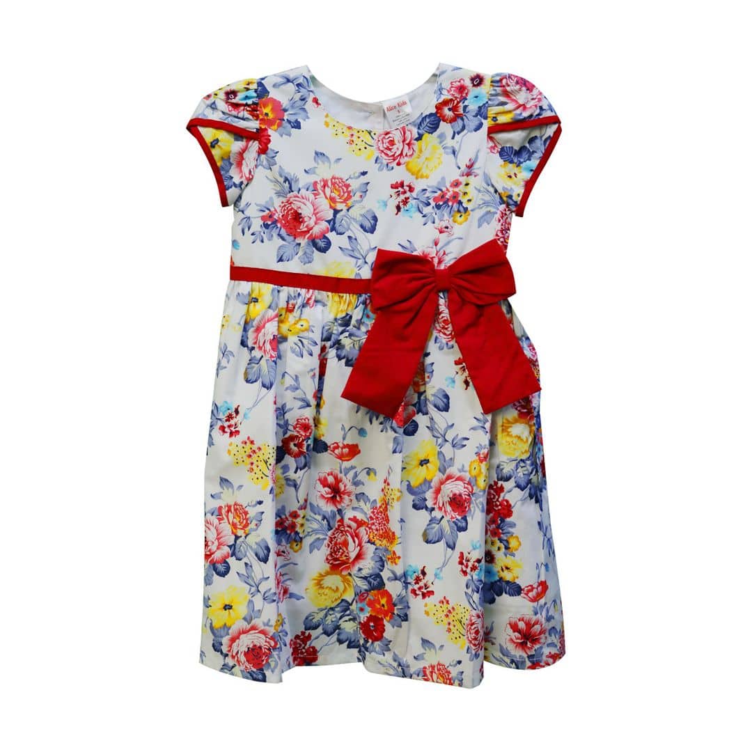 (5-7Y) Flowery Red Ribbon White Dress