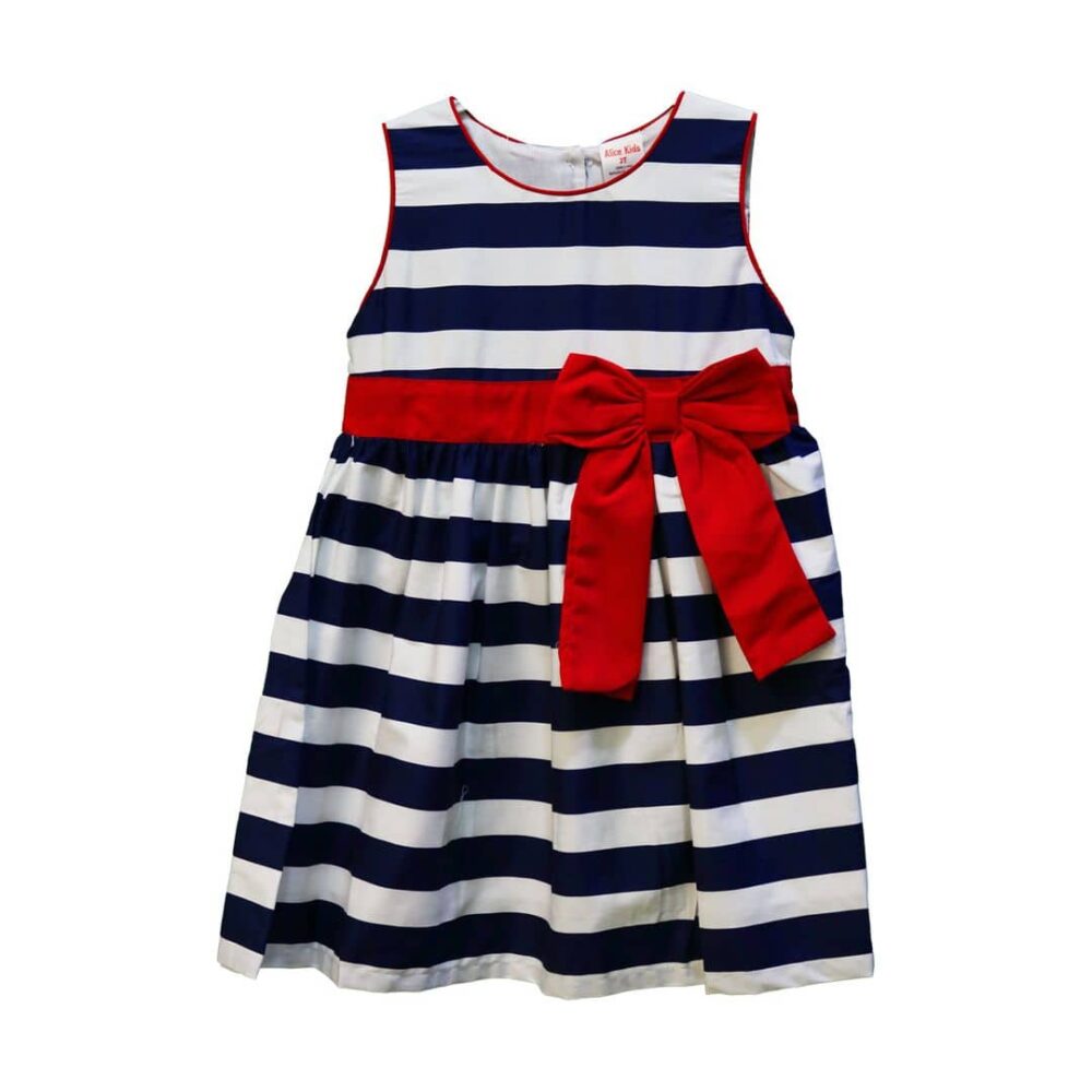(2-4Y) Alice Kids Blue Stripes Red Ribbon Dress