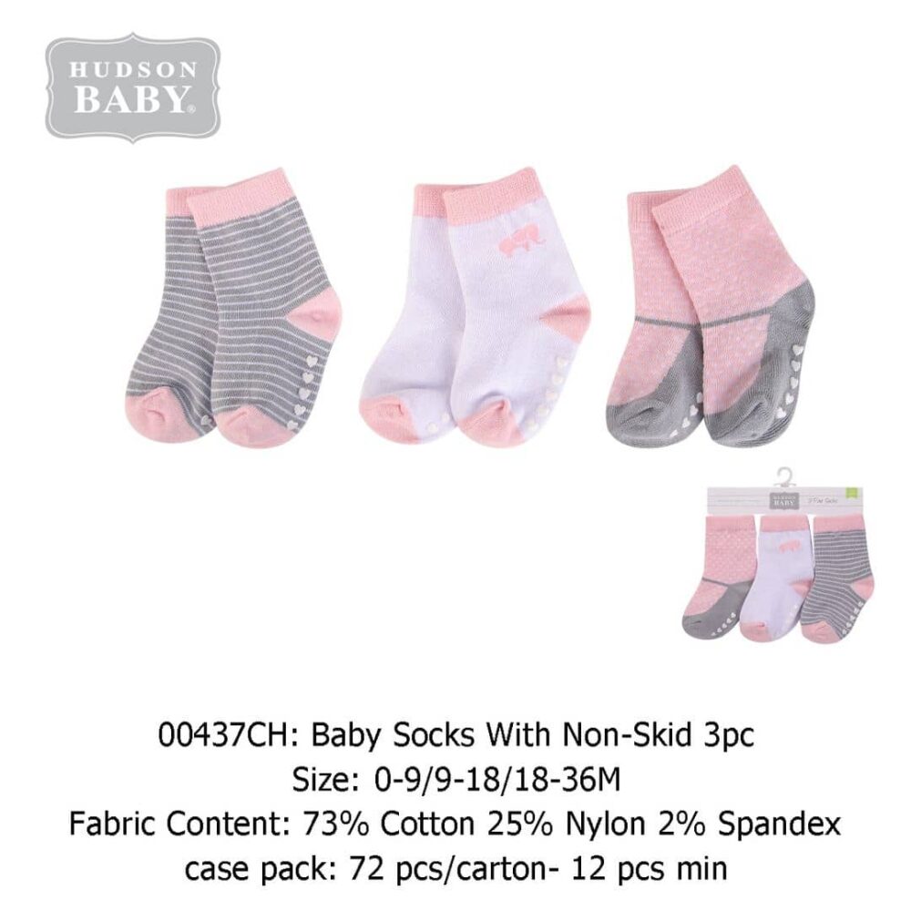 Hudson 00437 Pink Baby Socks with Non-Skid 3pcs (0-9M/9-18M/18-36M)