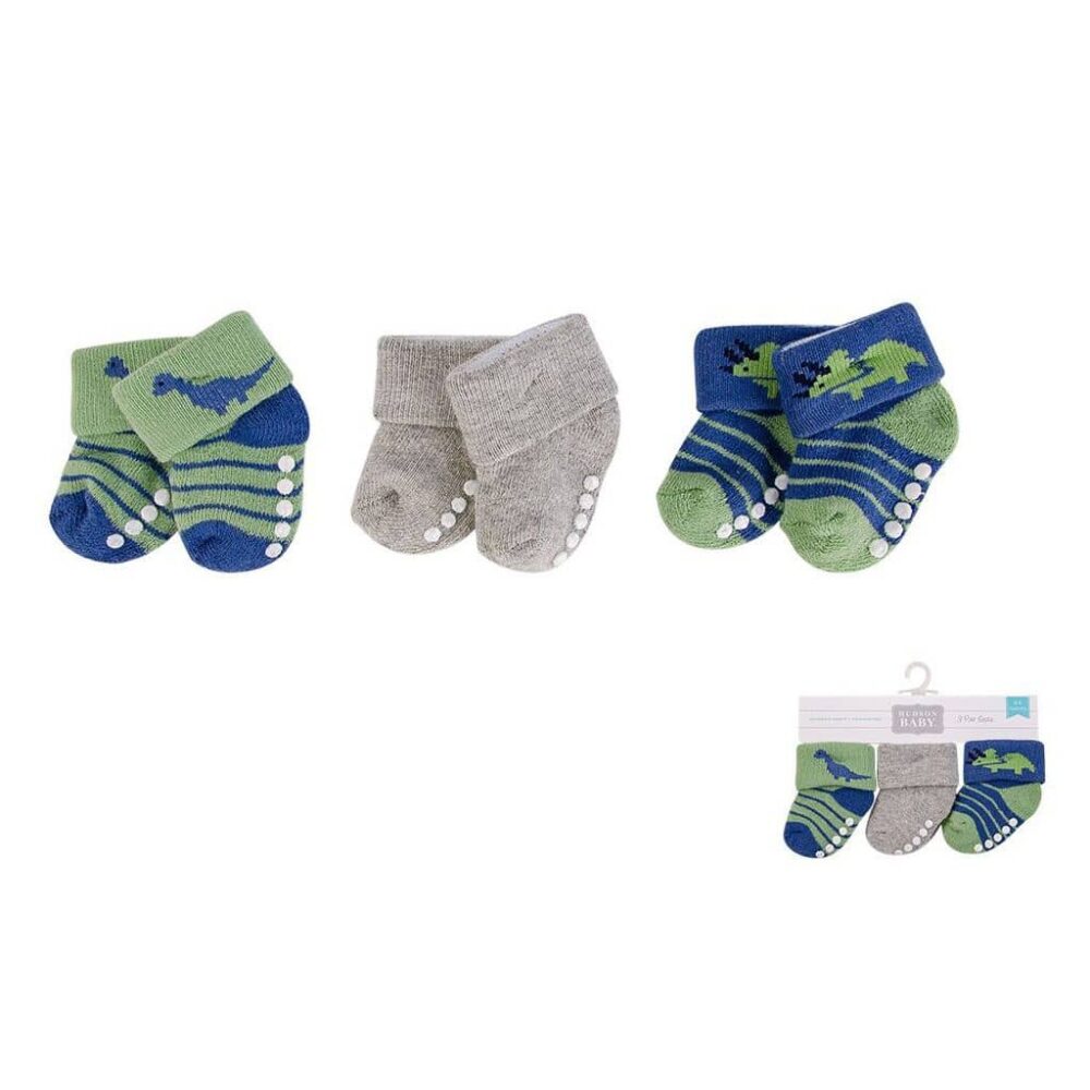 Hudson 00374 Baby 3 Pair Nb Terry Socks  with Non-Skid Socks Dino (0-6 months)
