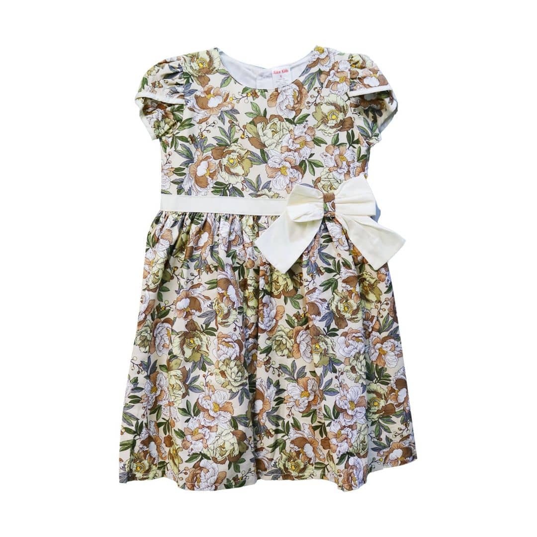 (5-7Y) Flowery Cream Ribbon Cream Dress