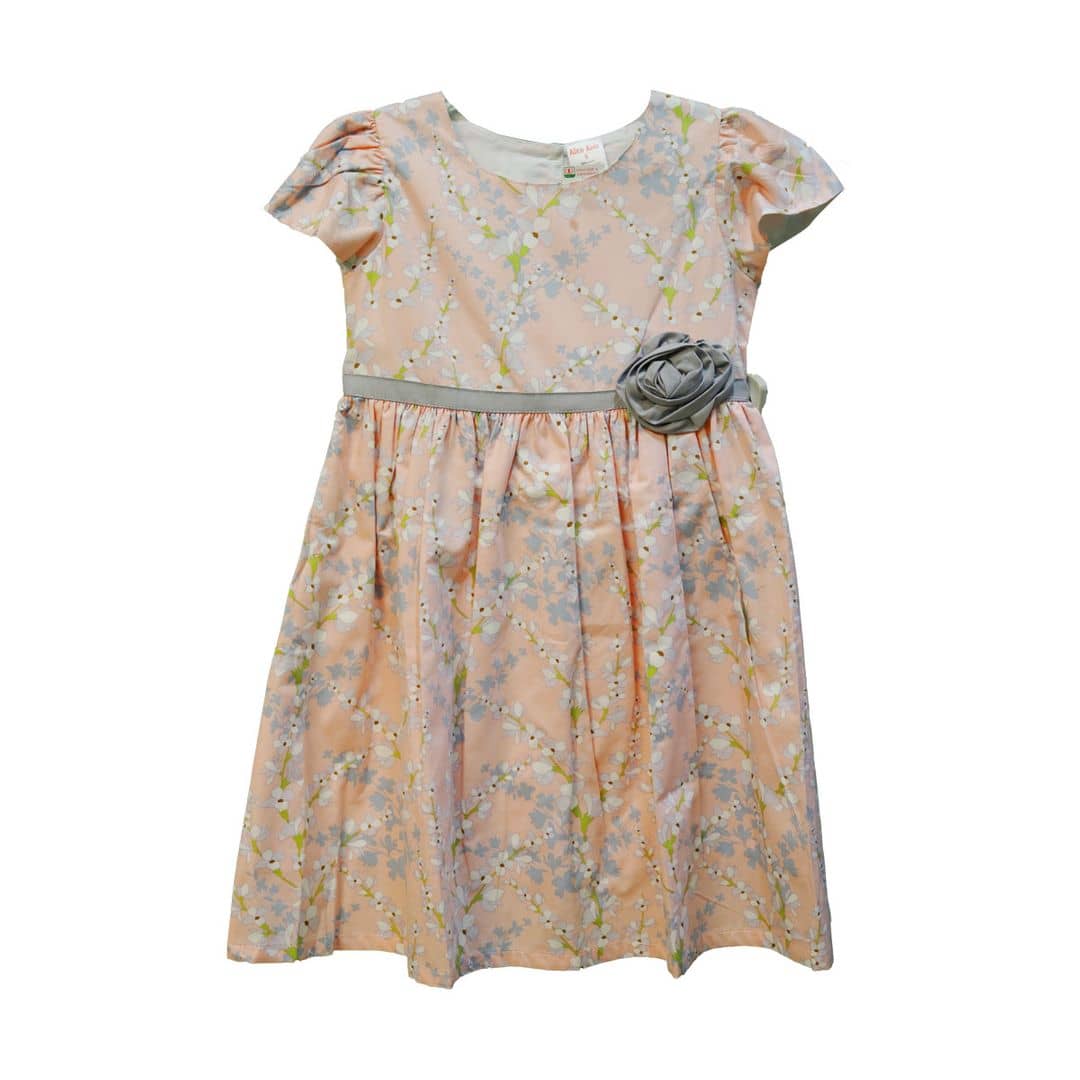 (5-7Y) Flowery Grey Ribbon Peach Dress