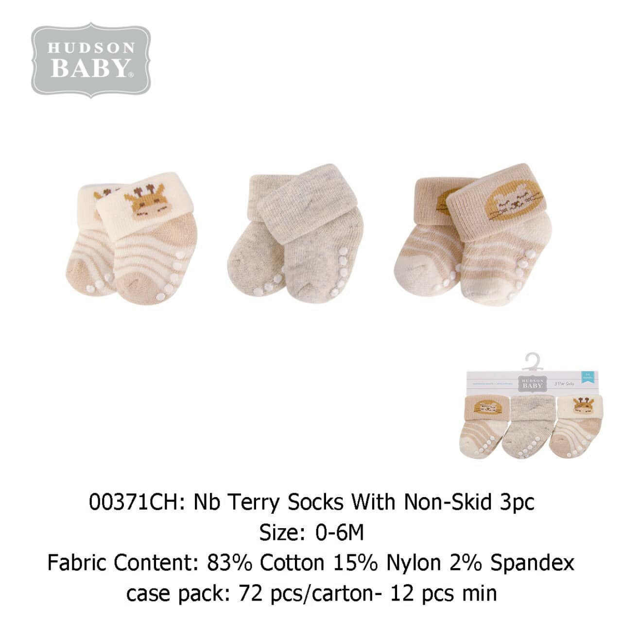 Hudson Baby 00371CH Newborn Terry Socks with Non-Skid 3pcs (0-6M)