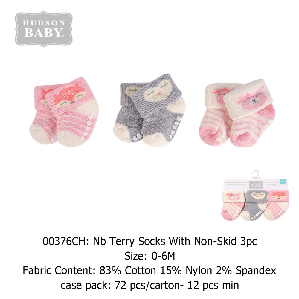 Hudson Baby 00376CH Newborn Terry Socks with Non-Skid 3pcs (0-6M)