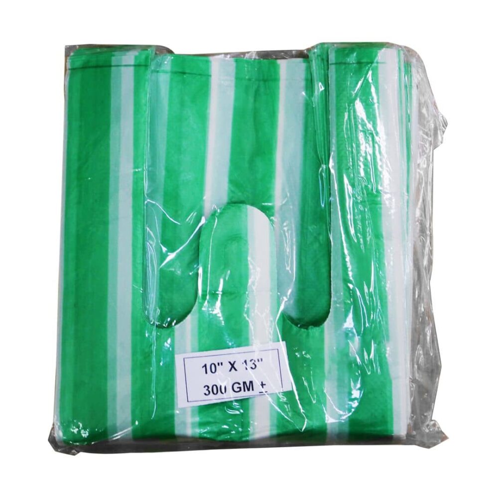 Green and White Stripes Plastic Bags 10in x 13in