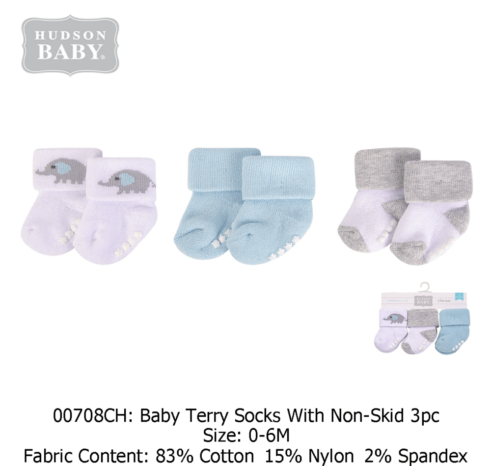 Hudson Baby 00708CH Baby Terry Socks with Non-Skid 3pcs (0-6M)