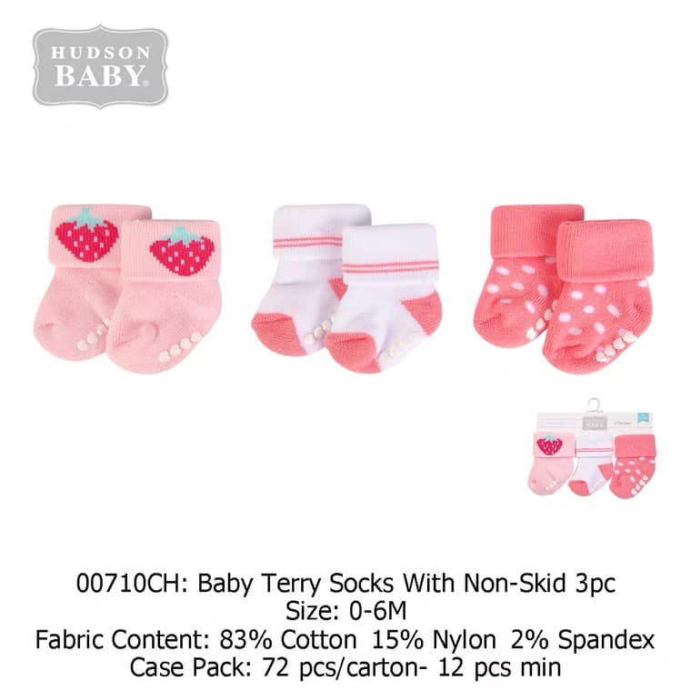 Hudson Baby 00710CH Baby Terry Socks with Non-Skid 3pcs (0-6M)