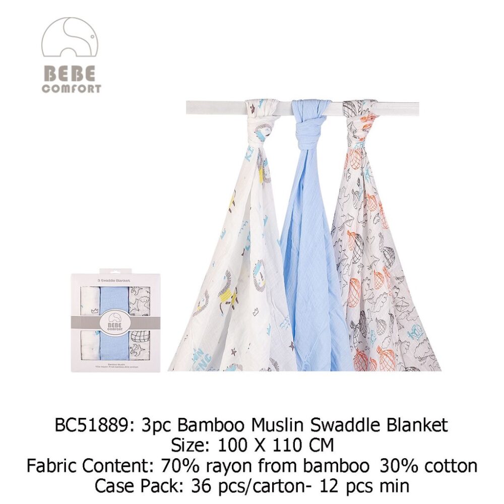 Bebe Comfort BC51889 3pcs Bamboo Muslin Swaddle Blanket (100cm x 110cm)