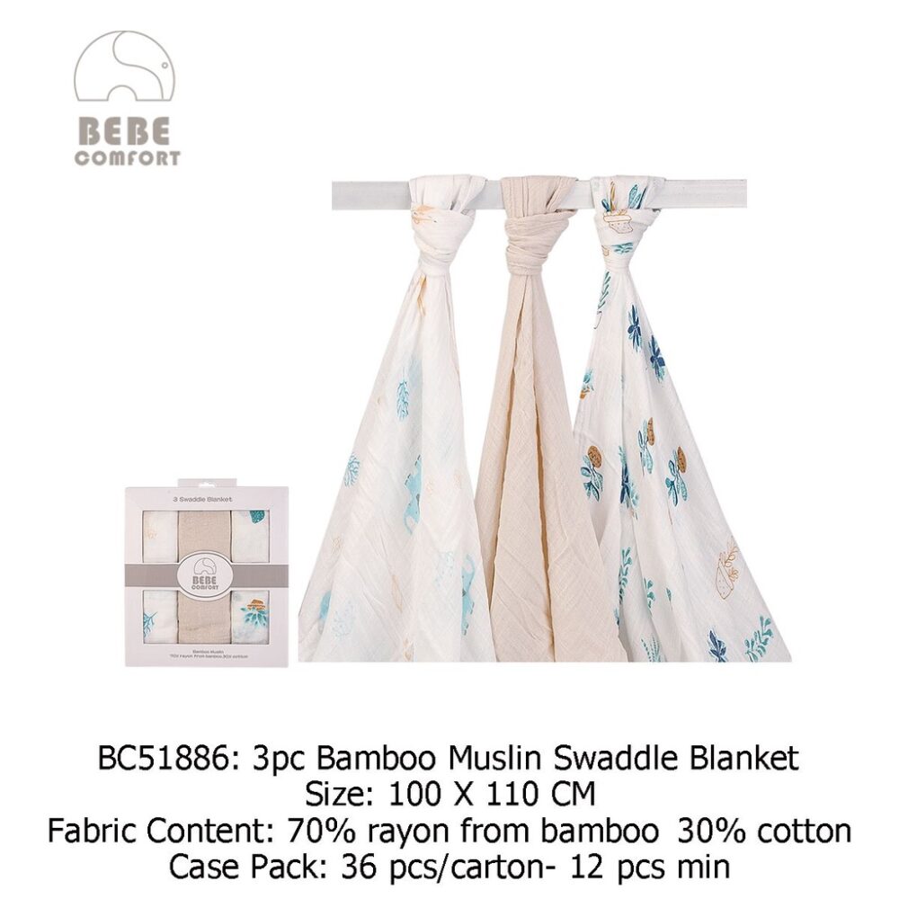Bebe Comfort BC51886 3pcs Bamboo Muslin Swaddle Blanket (100cm x 110cm)