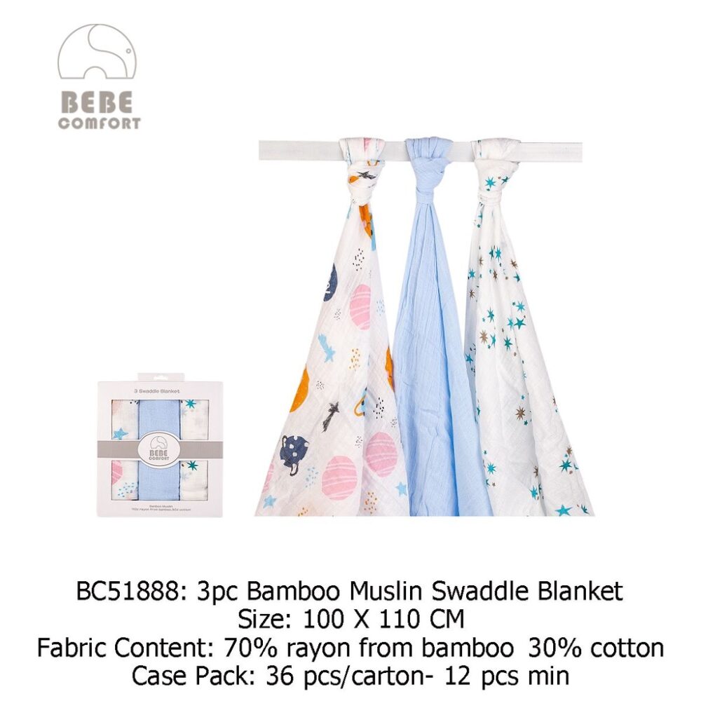 Bebe Comfort BC51888 3pcs Bamboo Muslin Swaddle Blanket (100cm x 110cm)